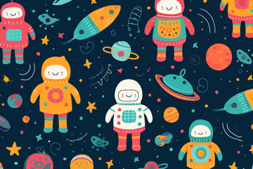Spacesuit quirky doodle pattern, wallpaper, background, cartoon, vector, whimsical Illustration