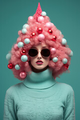A stunning woman with a vibrant pink wig and stylish sunglasses poses in front of a twinkling christmas tree, exuding a sense of beauty and holiday spirit as she dons a festive hat