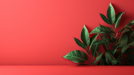 Fototapeta na wymiar a plant with green leaves on a red background with a place for text. generative ai