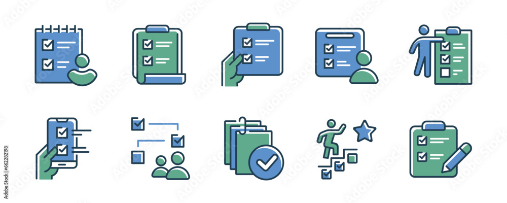 Leinwandbilder business to-do checklist work progress with checkmark icon set project management schedule tasklist priority document checkmark vector symbol illustration 