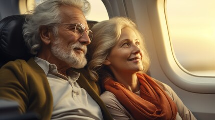 Senior couple on an airplane ready for vacation, beautiful stylish mature caucasian traditional couple enjoying a trip to a vacation in europe, taking a flight on a plane. retirement activity concept