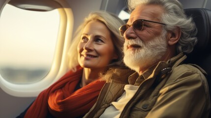 Senior couple on an airplane ready for vacation, beautiful stylish mature caucasian traditional couple enjoying a trip to a vacation in europe, taking a flight on a plane. retirement activity concept