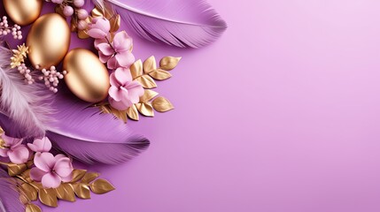  a purple and gold background with feathers, flowers and eggs.  generative ai