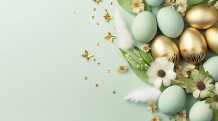 Fototapeta na wymiar a bunch of gold eggs and flowers on a green background. generative ai