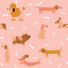 Vector pattern with cute little dog in cartoon style