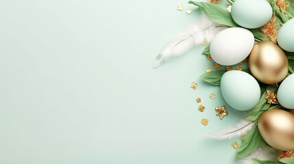 Naklejka na ściany i meble a green and gold background with eggs and feathers on it. generative ai