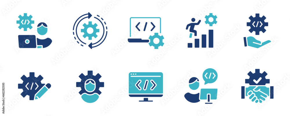 Aufkleber business online software optimization custom setting programming development icon vector company web and app technology coding improvement with cogwheel symbol illustration