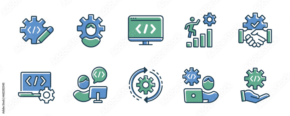 Poster business program development improvement software deploy digital environment icon set modern cloud environment integration for web and app with gear cogwheel vector symbol illustration 