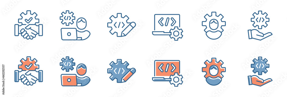 Aufkleber business software development coding icon set build website programming improve technology digital gear cogwheel vector illustration