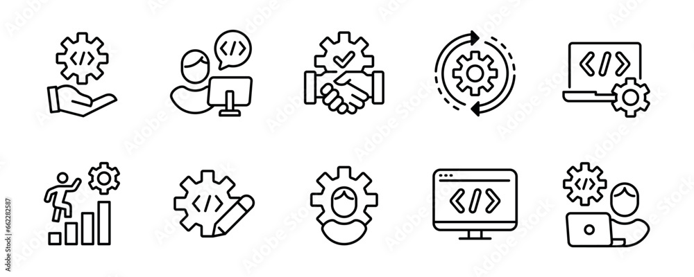 Aufkleber business technology development website coding gear icon set company build custom setting software programming dev improvement outline style symbol vector illustration 