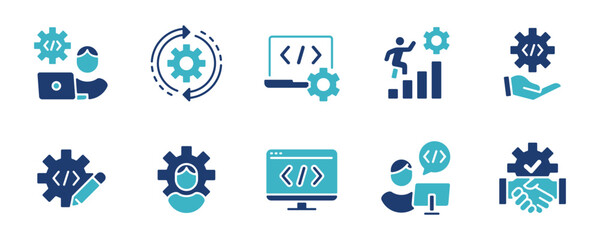 business online software optimization custom setting programming development icon vector company web and app technology coding improvement with cogwheel symbol illustration - obrazy, fototapety, plakaty