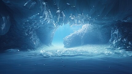  a blue cave with a light coming from the end of it.  generative ai