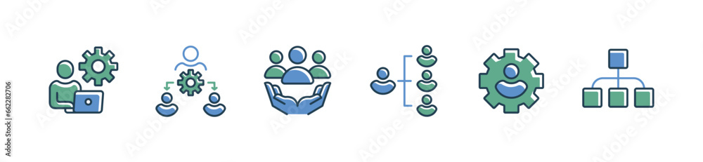 Poster teamwork partnership structure organization gear setting icon set human resource business hierarchy 
