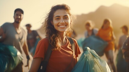 Volunteers collects garbage cleaning on the beach, protecting the planet and ocean pollution, earth day concept.