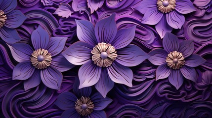  a bunch of purple flowers with gold centers on a purple background.  generative ai