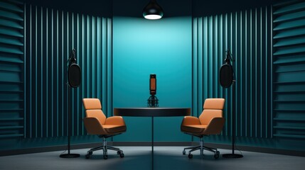 Minimalist podcast room to working in the modern podcast studio background.