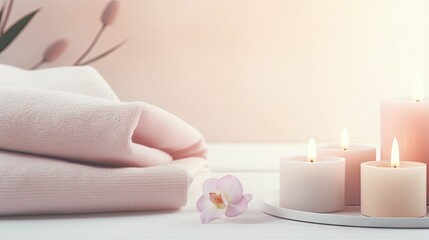  a white plate topped with candles next to a pink blanket.  generative ai