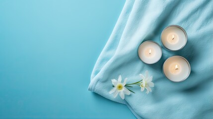  three white candles with a single flower on a blue cloth.  generative ai