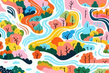 Trails and paths quirky doodle pattern, wallpaper, background, cartoon, vector, whimsical Illustration