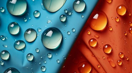 Waterproof fabric displayed next to droplets of water. - obrazy, fototapety, plakaty