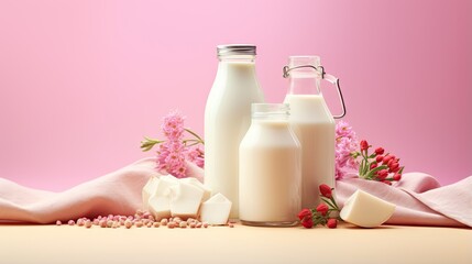 Obraz na płótnie Canvas a couple of bottles of milk next to some pink flowers. generative ai