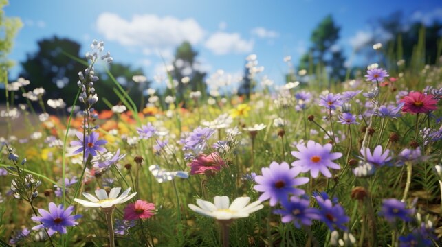  a field full of purple, white and yellow flowers with trees in the background.  generative ai