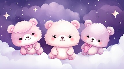  three teddy bears sitting on a cloud with stars in the sky.  generative ai
