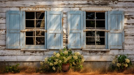 Weathered shutters on an old farmhouse.