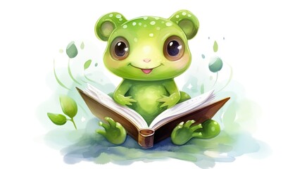  a green frog is reading a book while sitting down on the ground.  generative ai
