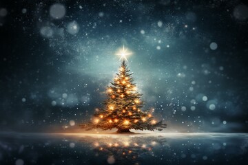 Festive holiday tree against abstract winter background. Generative AI