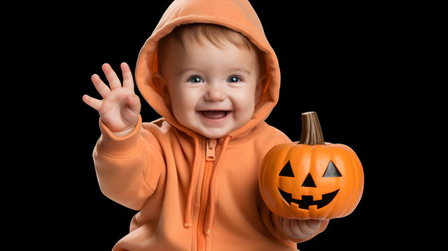 Laughing little Baby, toddler with halloween pumpkin isolated on black