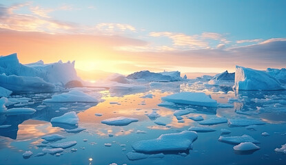 Ice and icebergs melting because of the global warm, sun light, golden hour