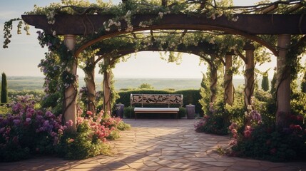 Wide shot of a pergola covered in blooming vines.