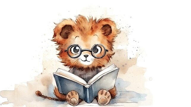  a watercolor painting of a teddy bear reading a book.  generative ai