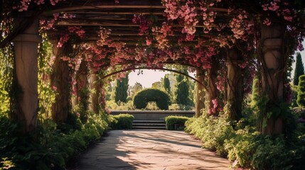 Wide shot of a pergola covered in blooming vines.