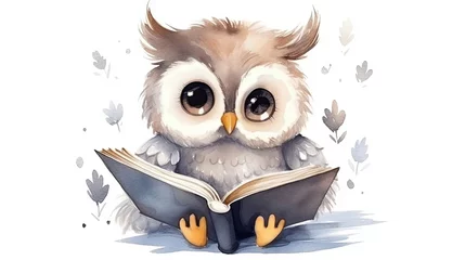 Photo sur Plexiglas Dessins animés de hibou  an owl is reading a book while wearing a hat and glasses.  generative ai