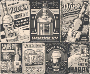 Alcoholic drinks set flyer monochrome - obrazy, fototapety, plakaty