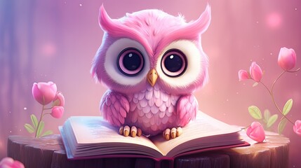 a pink owl sitting on top of a book with flowers around it.  generative ai