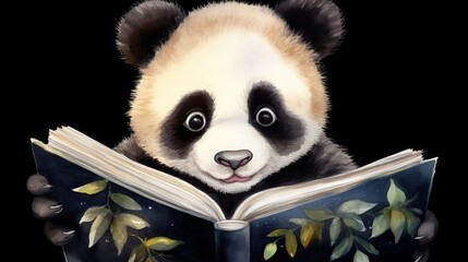  a painting of a panda reading a book with leaves on it.  generative ai