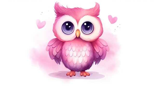  a pink owl with big blue eyes sitting on a branch.  generative ai
