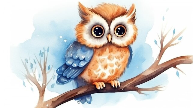  a painting of an owl sitting on a branch with snow on the ground.  generative ai