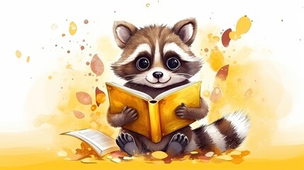  a raccoon reading a book while sitting on the ground.  generative ai