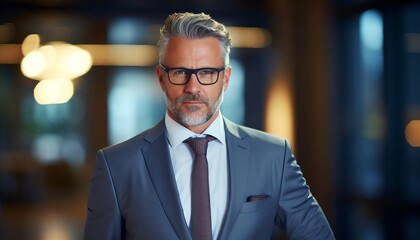 Naklejka premium An older businessman in a suit, tie, with grey hair, grey beard and black glasses, copy space