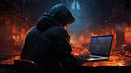 Hacker Working on Laptop Computer Monitor in the darkroom,  trying to break cyber security. Professional Hooded Anonymous. Cybercrime Cyber Attack concept
