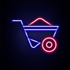 Glowing neon line Wheelbarrow icon isolated on brick wall background. Tool equipment. Agriculture cart wheel farm. Colorful outline concept. Vector