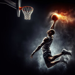 Basketball Player in Action holding a Burning Ball in Flames, Jumping for Powerful Slam Dunk. Jump Shot on Professional Arena during the game, throwing ball into basket. Athletic male training , Sport - obrazy, fototapety, plakaty