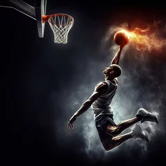Foto op Canvas Basketball Player in Action holding a Burning Ball in Flames, Jumping for Powerful Slam Dunk. Jump Shot on Professional Arena during the game, throwing ball into basket. Athletic male training , Sport © Syntetic Dreams