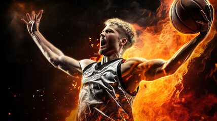 Basketball Player in Action holding a Burning Ball in Flames, Jumping for Powerful Slam Dunk. Jump Shot on Professional Arena during the game, throwing ball into basket. Athletic male training , Sport