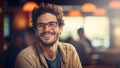 30 year old happy smiling student with a beard and glasses, blurred background, copy space