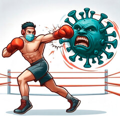 Boxer with Boxing Gloves Fighting a Coronavirus Cell. Defend from the virus pandemic concept. Virus attack illustration. Immune system defends from Covid-19 vaccine. Cartoon character against bacteria